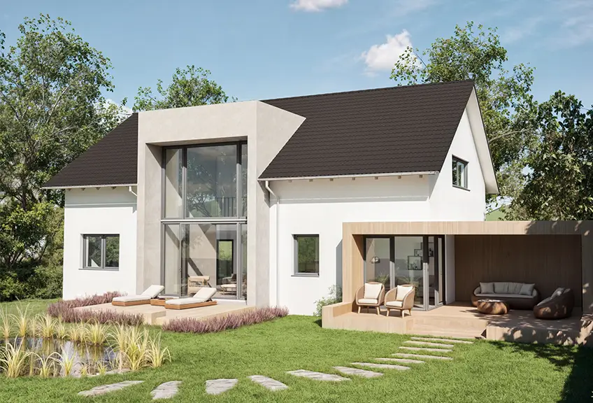 Zweistöckiges Haus mit Terrasse und Satteldach